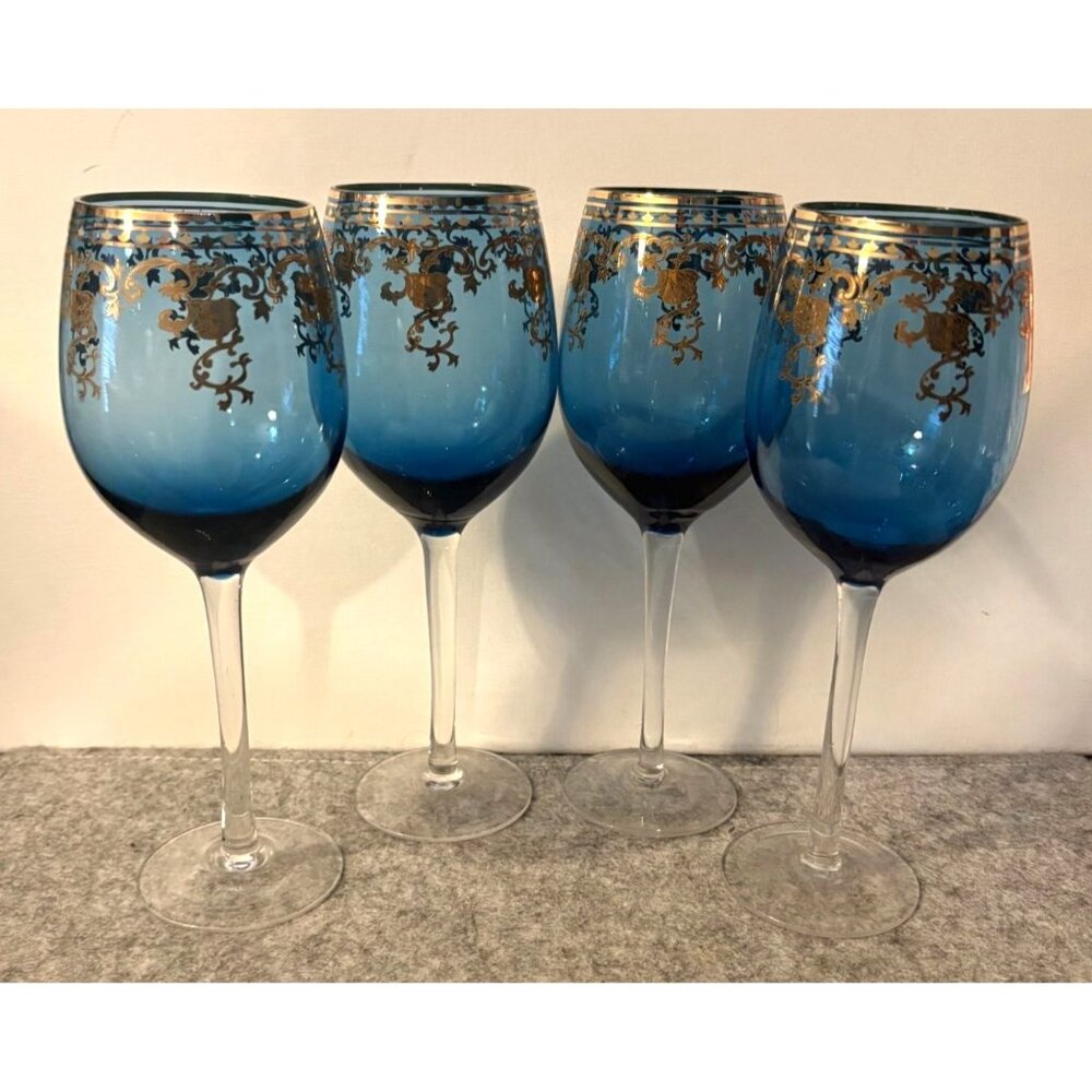 4 Shahrazad Cobalt Blue w/ Gold Trim Wine Glass by Circleware # 3183